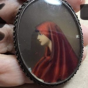 Antique 1900 sterling hand painted brooch